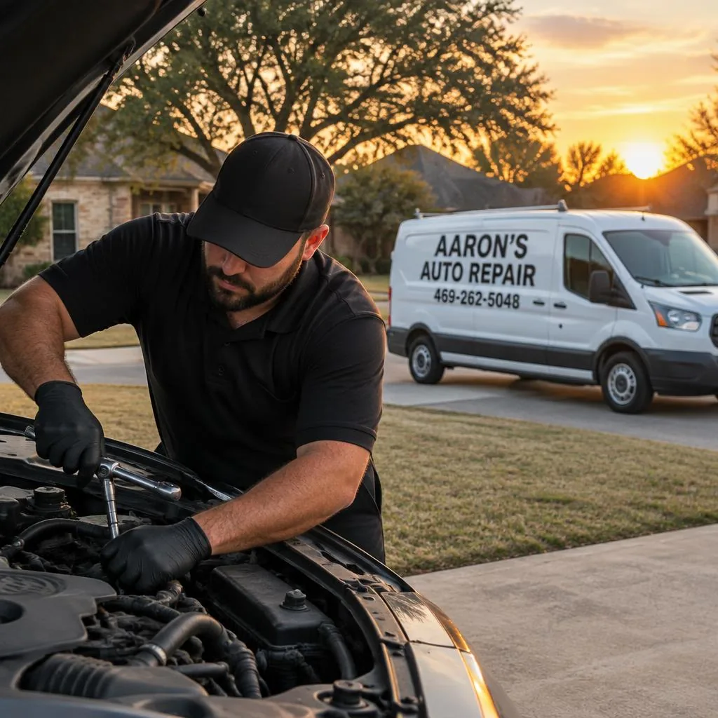 Mobile mechanic repairing a car engine in an Irving, Texas driveway